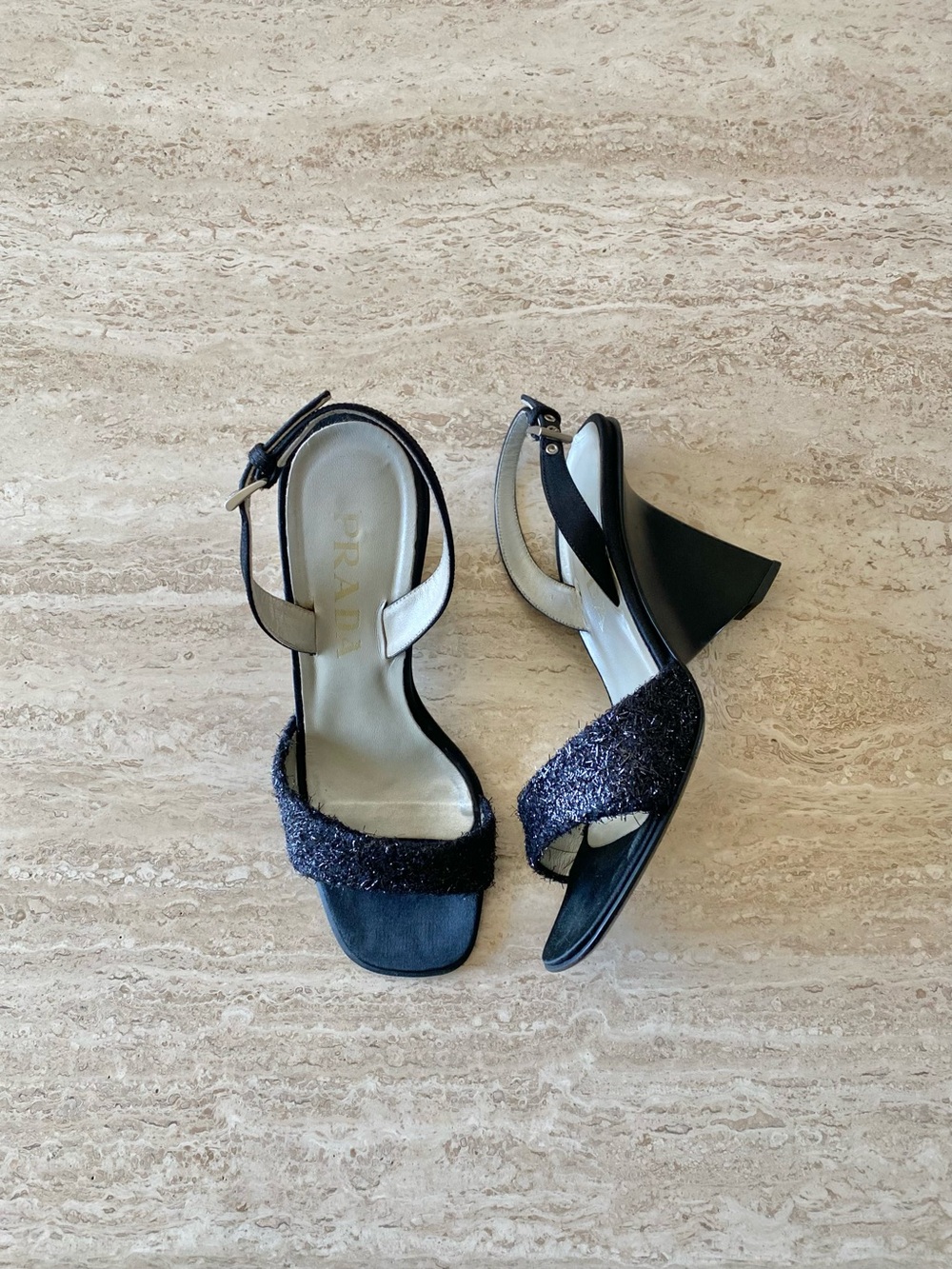Vintage Prada Sparkly Cloth Slingback Wedge Sandals